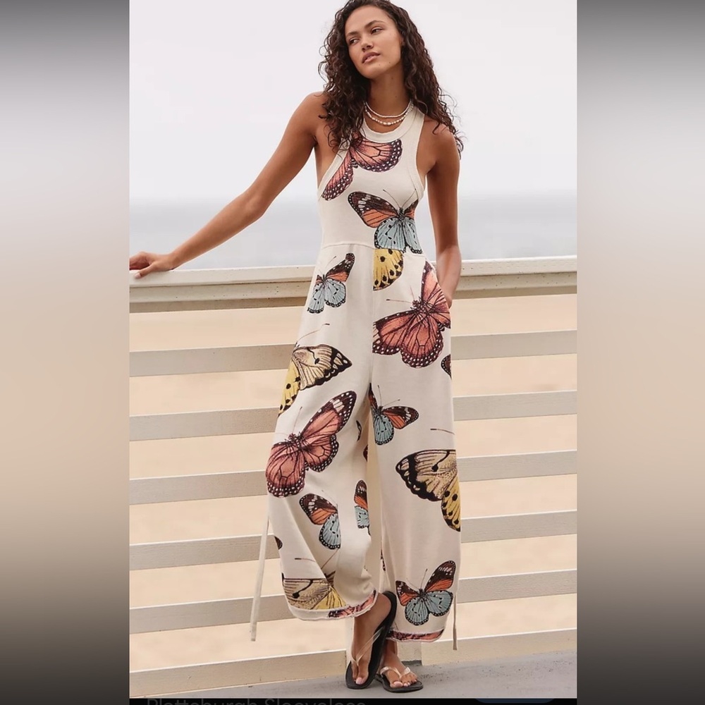 Anthropologie Daily Practice Elegant Butterfly Print Jumpsuit - Cream